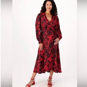 Susan Graver Occasions Womens Red Black Floral Print‎ Wrap Midi Dress Size 3XP